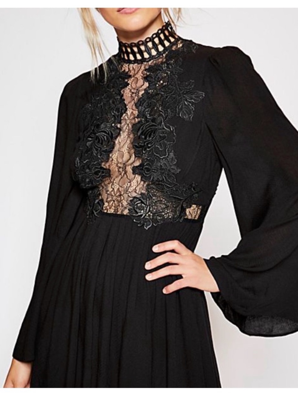 Free People divine Black Lace-Detail High-Neck Mini Dress